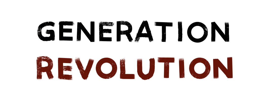Titel des Podcasts "Generation Revolution" in Pinselartiger Schrift und in Großbuchstaben. Das Wort "Generation" ist in Schwarz und "Revolution" in Rot.