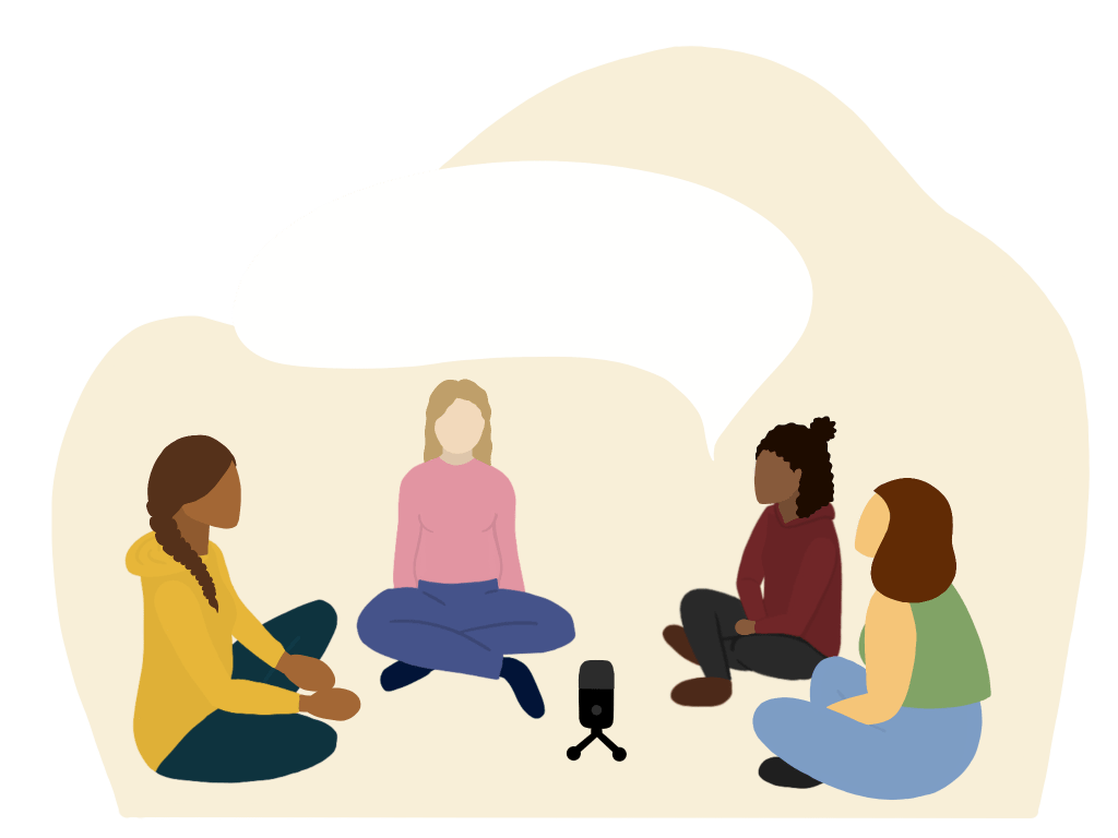 Vier gezeichnete Figuren, die um ein MIkrofon sitzen.