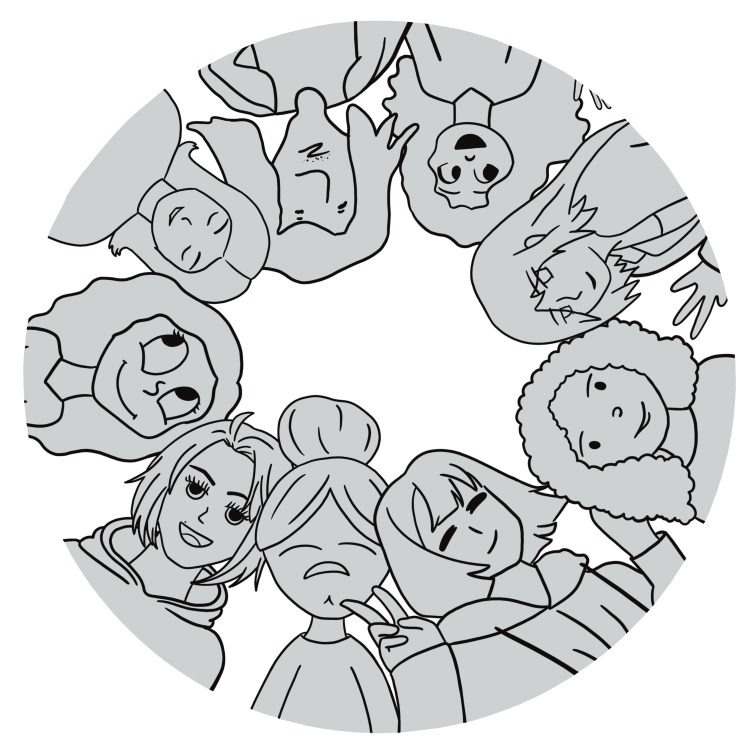 Figuren gezeichnet im Comic Stil, alle in gleicher grauen Farbe.